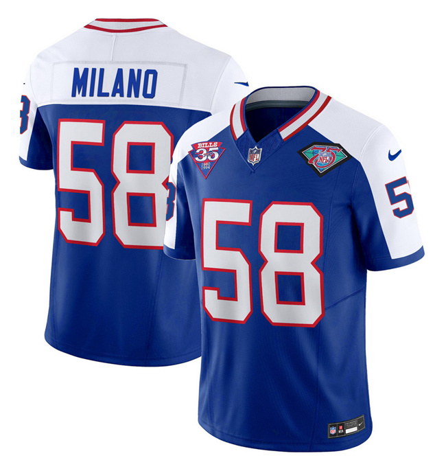 Men's Buffalo Bills #58 Matt Milano Blue/White 2023 F.U.S.E. 75th Anniversary Throwback Vapor Untouchable Limited Football Stitched Jersey